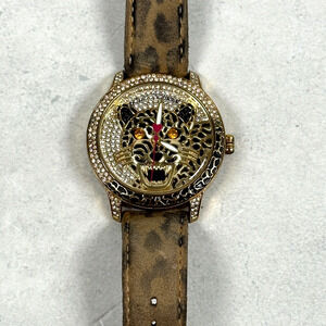Betsey Johnson Watch Women 37mm leopard Bling Animal Print Gold Tone New Battery